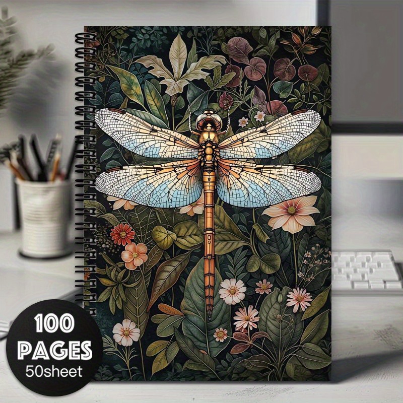 TEMU Personal Organizers 1pc Dragonfly And Floral Spiral Notebook, Insect Enthusiast Journal, Office School Supplies, Suitable For Planning,
