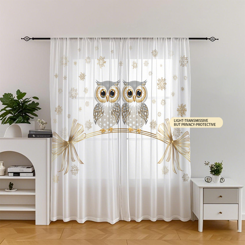 TEMU 2pcs Christmas Themed Double Owl Golden Decorative Bow Element Sheer Chiffon Curtains - Semi-transparent Opaque , Living Room Bedroom Rod