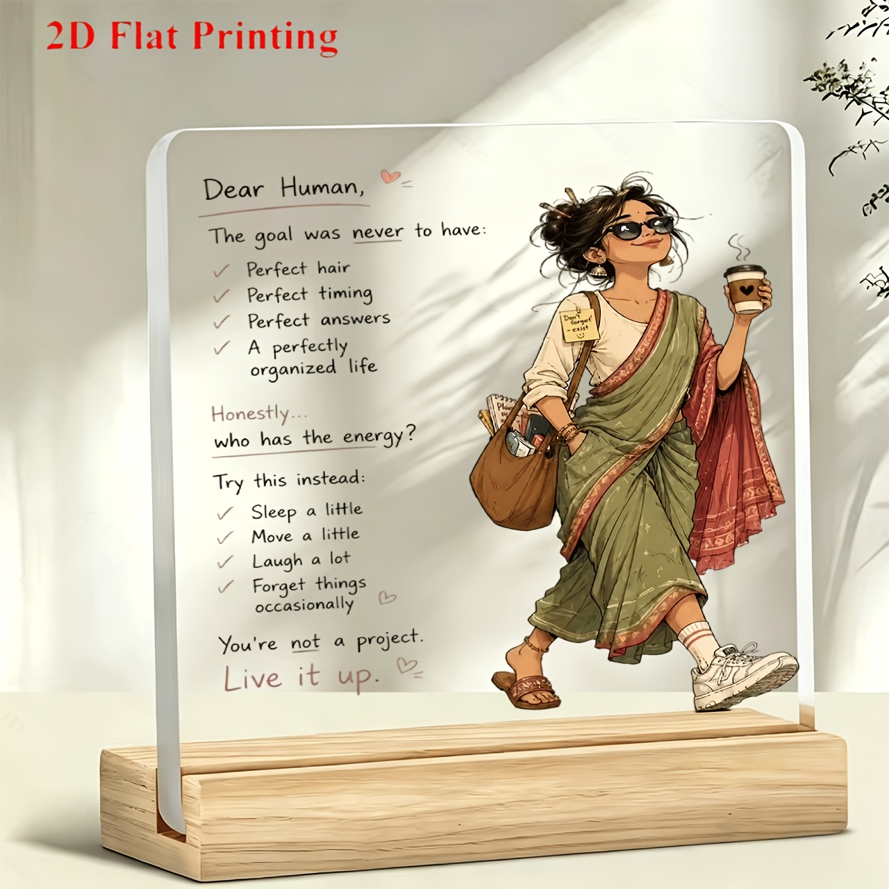 TEMU 2d Flat 1pc Indian Clothing Girl "live ." Standing Decor Desktop Suitable For Work, Office Desktop Decoration, Paperweight, Study, Bar Top