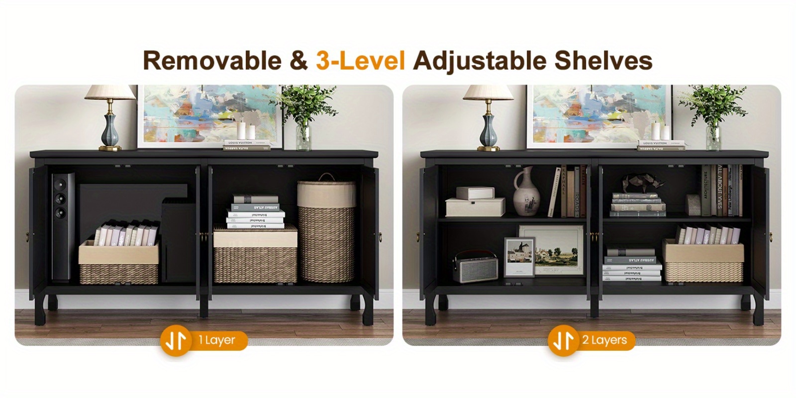 Modern Freestanding Buffet Credenza with Mirror & Storage - Adjustable Shelf Cabinet Suitable for Living Room, Dining Room, Entryway - Elegant Panel Doors & Tall -Standing Furniture