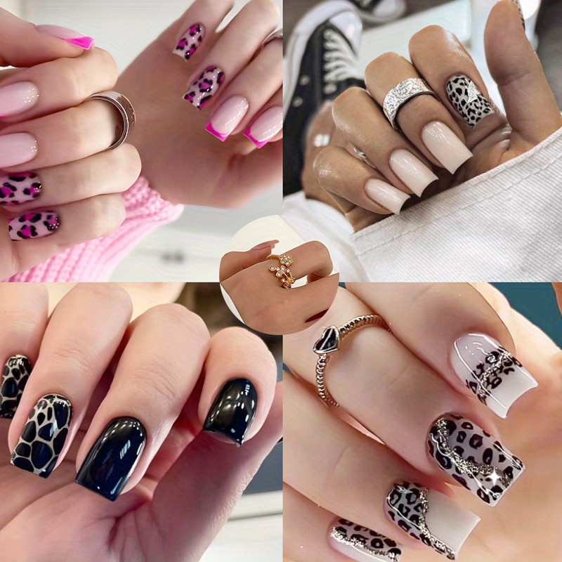 TEMU 96pcs 4pcs Black And Golden Glitter Mix, French Leopard Print, , Medium Length - Includes Jelly Glue And Nail File, And 1 Ring