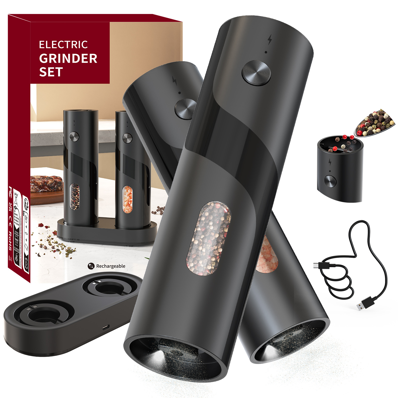 TEMU 1/2pcs Salt And Pepper Seasoning Bottles Electric Grinder Kitchen Electric Spice Grinder With Grinding Inspection Light Top-filling Large