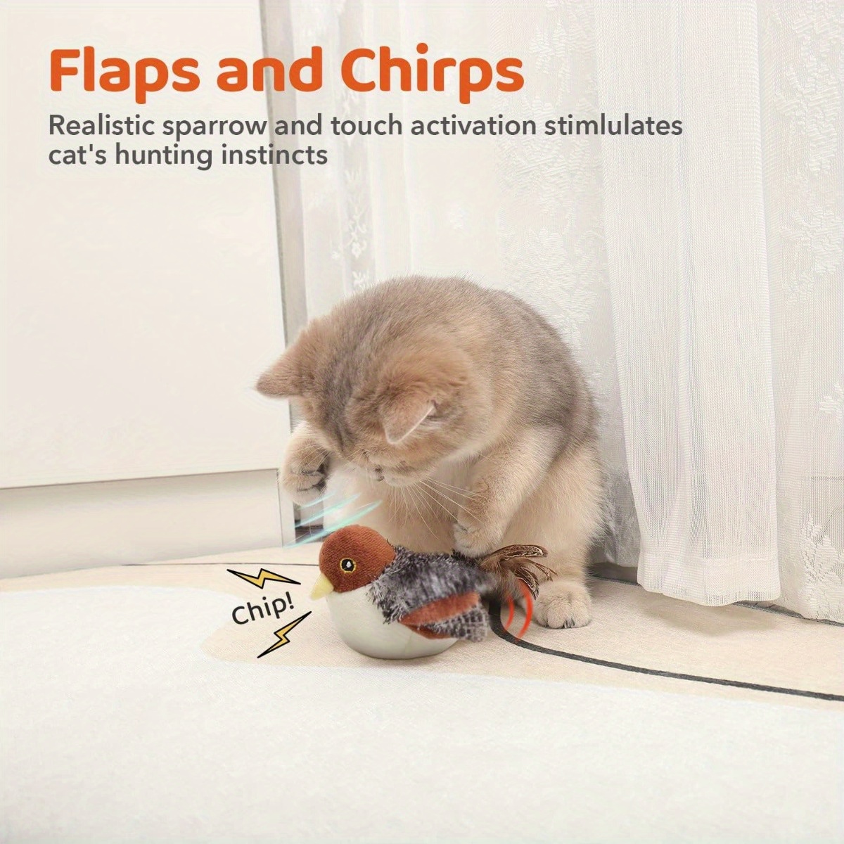 TEMU Usb Rechargeable Interactive Cat Toy With Flapping Bird, Realistic Chirping & Touch Activation - Fabric, Safe For All , Stimulating Fun, Cat Toys For Indoor Cats