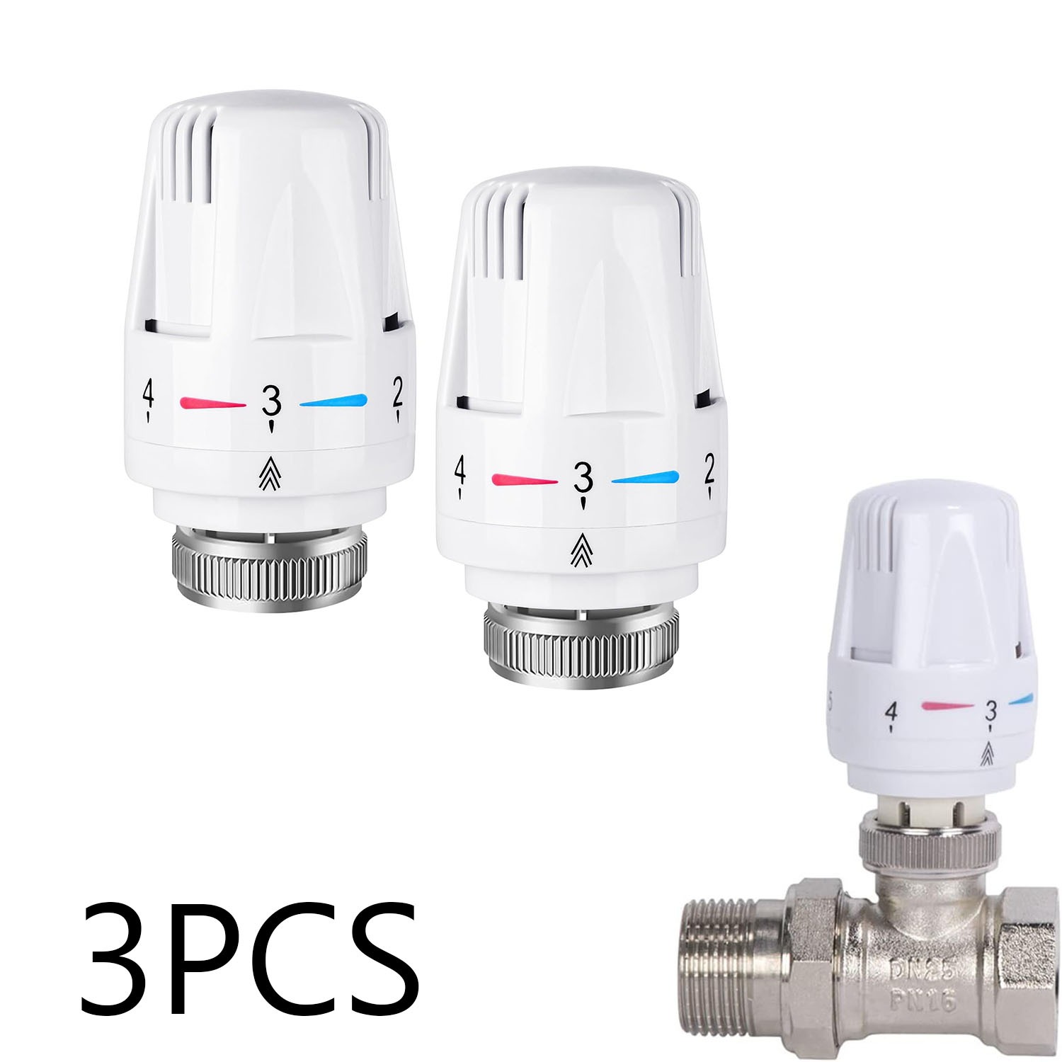 Image of 3pcs Thermostatic Radiator Valve Head, M30 X 1.5 Trv Radiator Thermostat Valve Replacement Head, Automatical Temperature Control Heating System, For Home Office, White