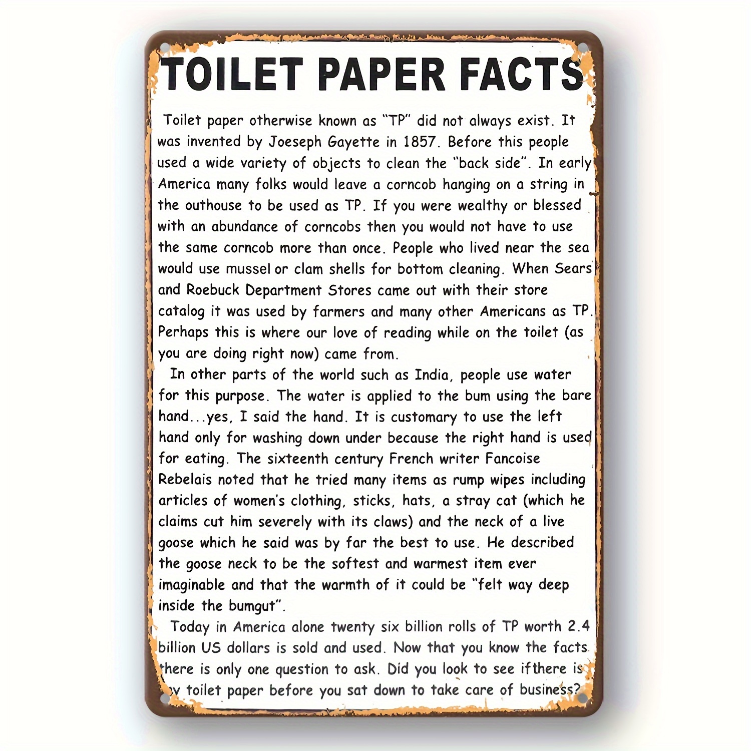 TEMU [vintage Humorous Bathroom Sign] 1pc Vintage Humorous Bathroom Sign - Waterproof Metal Wall Decor With Toilet Paper Facts, Ideal For Home,