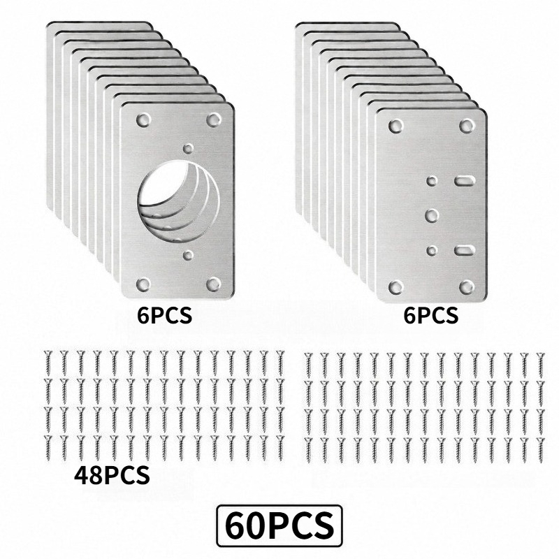 TEMU Kit de réparation de charnières en acier inoxydable, 60 pièces, 12 plaques de réparation et 48 vis - Plaques de fixation durables pour portes et
