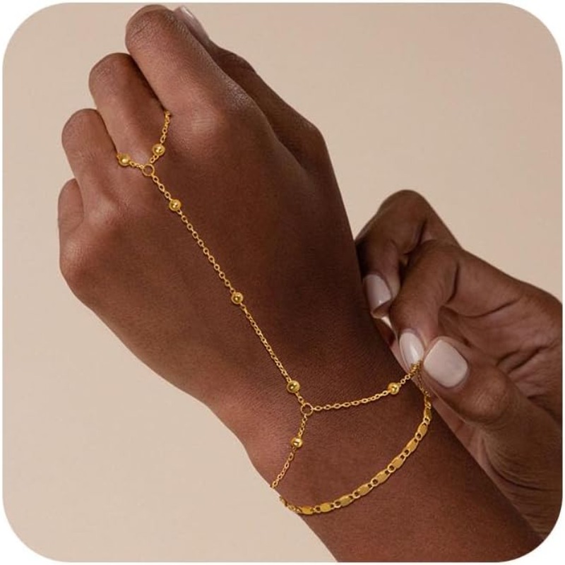 Golden Hand Chain Bracelet Set For Women Ring Bracelet Beaded Layer Snake Link Chain Finger Jewelry Adjustable Hypoallergenic Trendy Hand Jewelry For Everyday Wear, Christmas Gifts For Women