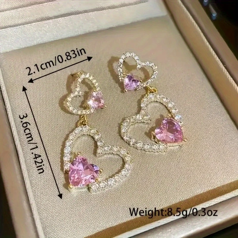 1 pair elegant pink heart drop earrings for women luxurious with sparkling crystals perfect valentine s day gift or party jewelry cute and stylish accessory valentines jewelry heartshaped earrings intricate details 4