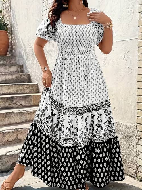 plus size 1pc spring summer mothers size women elegant bohemian maxi dress square neck puff sleeve smocked bodice floral geometric print tiered long skirt sophisticated style for vacation beach party wear
