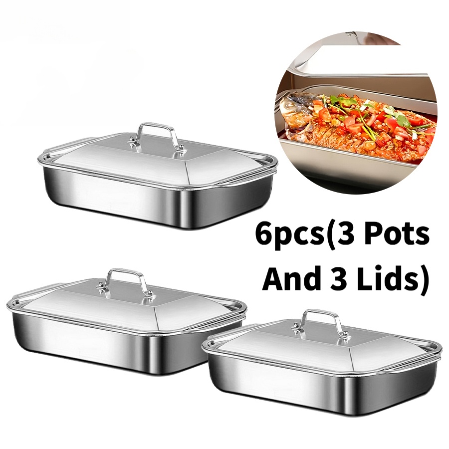 TEMU 6pcs 3 Extra Large Heavy Duty Stainless Steel Baking Pans 3 Lids- , Thick Rectangular Oven Trays For Desserts, Bread, And Seafood- Perfect For