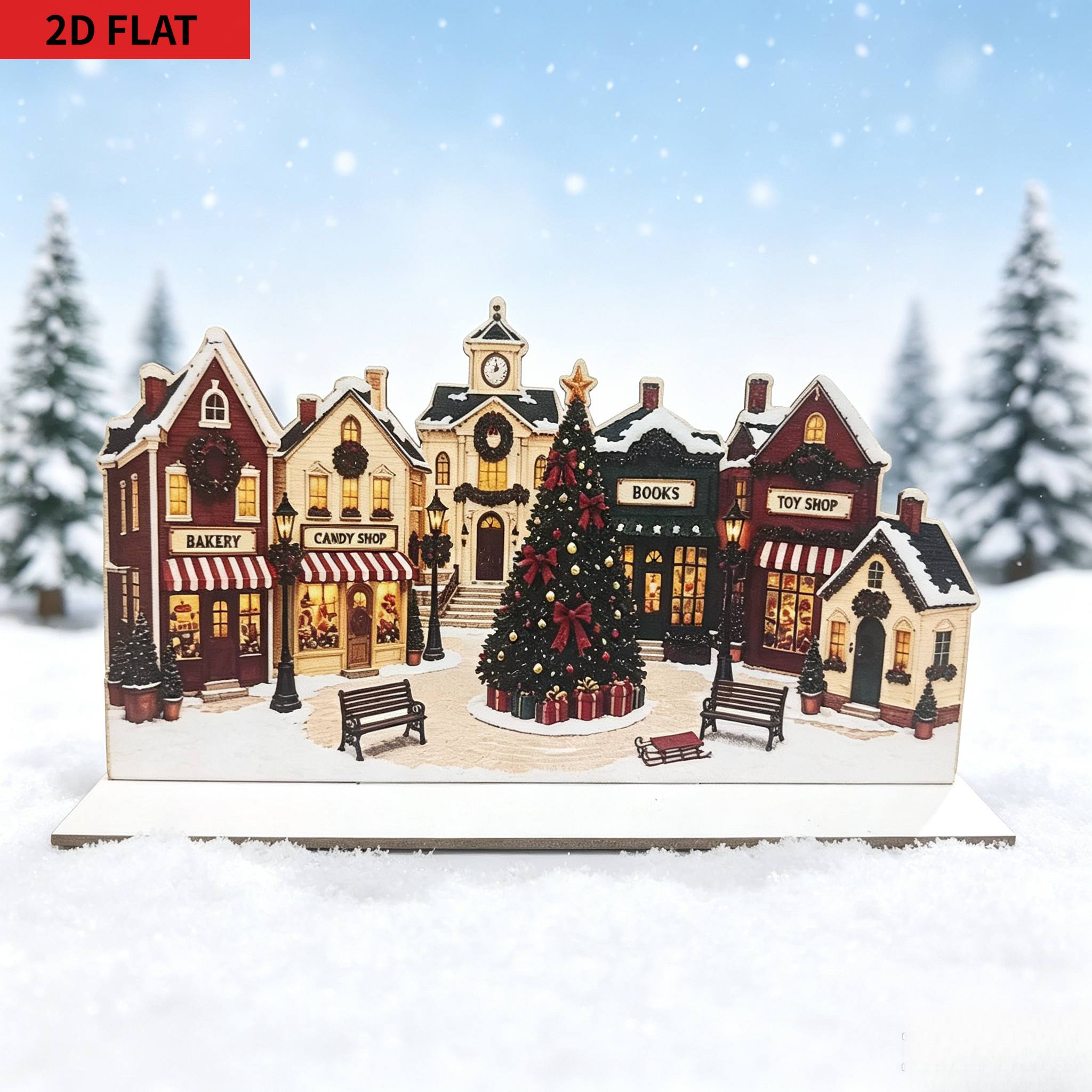 TEMU 2d Flat, 2d Flat Christmas Wooden Tabletop Ornament, Christmas Village Architecture And Christmas Tree Decoration For Home Window Holiday