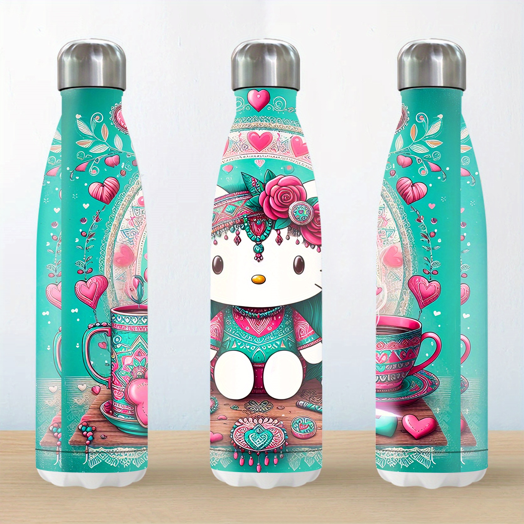 

1pièce 18oz Bouteille D'eau Isolée En Acier Inoxydable Avec Hello Kitty Et Design Floral - Étanche, Réutilisable, Parfait Pour Noël Et Autres Fêtes