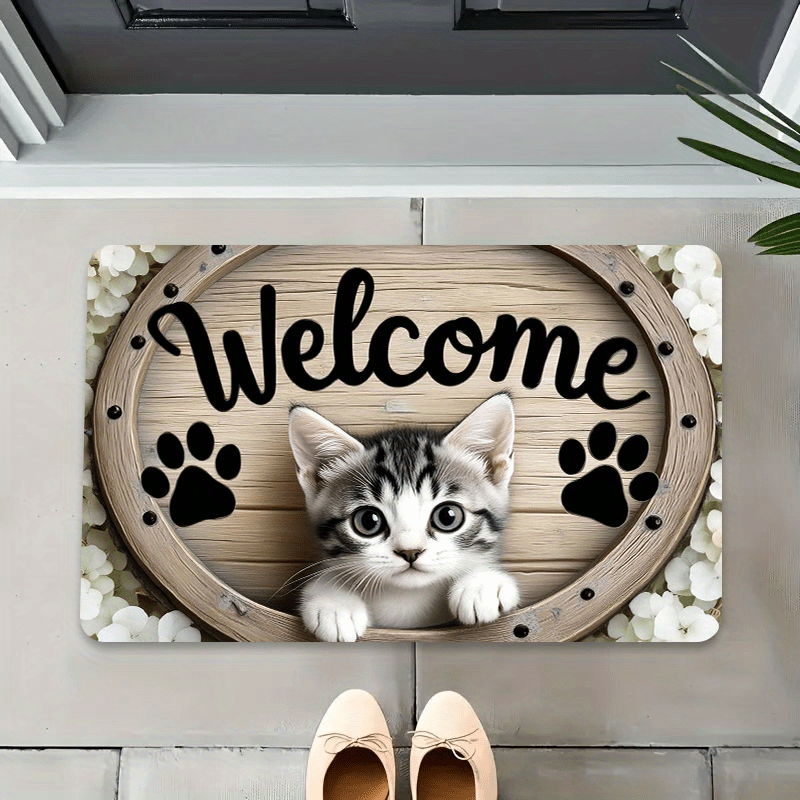 TEMU 1pc Schattige Kat Ontwerp Deurmat - 0.47" Dikke Spons & 600g/m² Polyester, Antislip Wasbare Entree Mat met "Welkom" & Pootafdruk voor