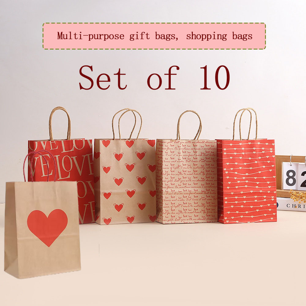 

10-pack Valentine's Day Gift Bags, Assorted Patterns, Paper Tote Shopping Bags For Gifts, Parties, Birthdays, And Day