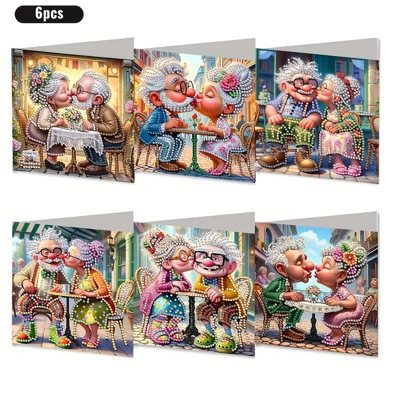 TEMU A Set Of 6 Diamond Painting Greeting Cards Featuring A Theme Of An Elderly Couple In Love. Unique Handmade Designs Are Perfect For New Year And