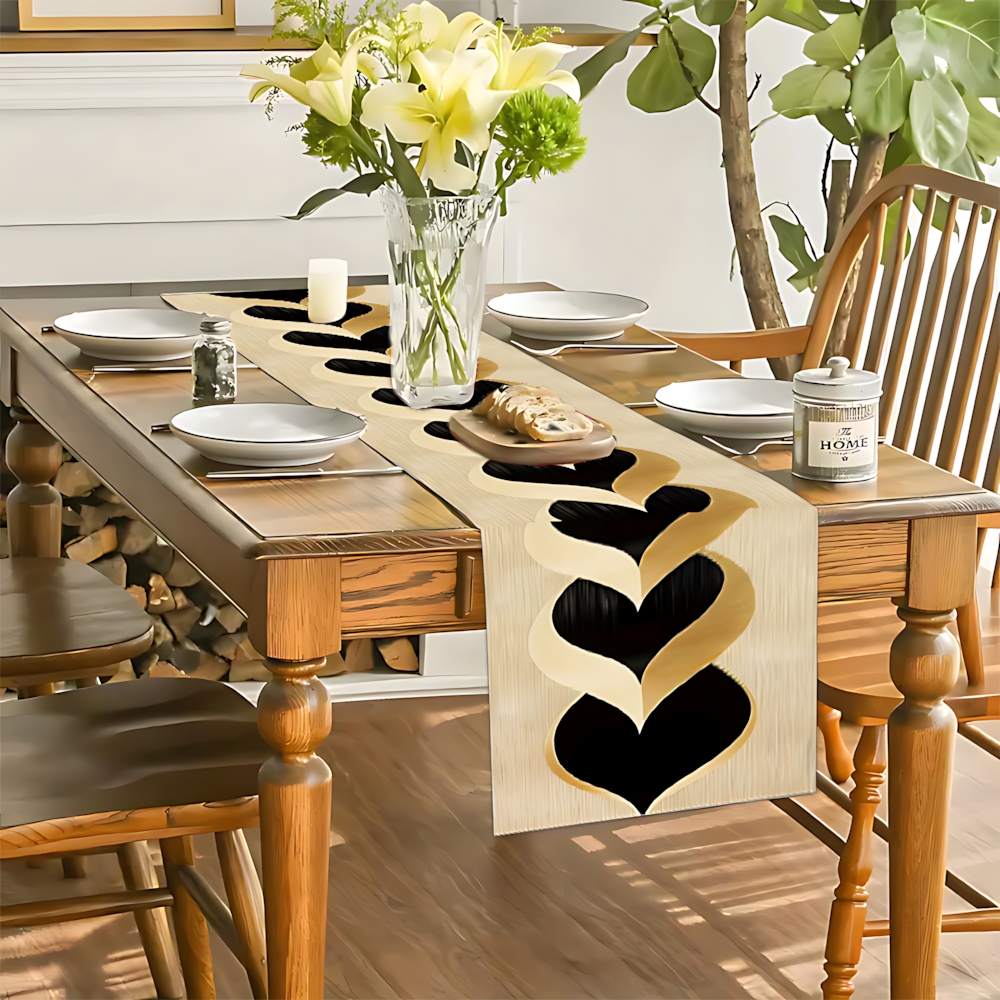 TEMU Black And -pattern Printed Table Runner, Featuring An Elegant Heart-shaped Theme, Suitable For Dining Tables, Living Room Coffee Tables, ,