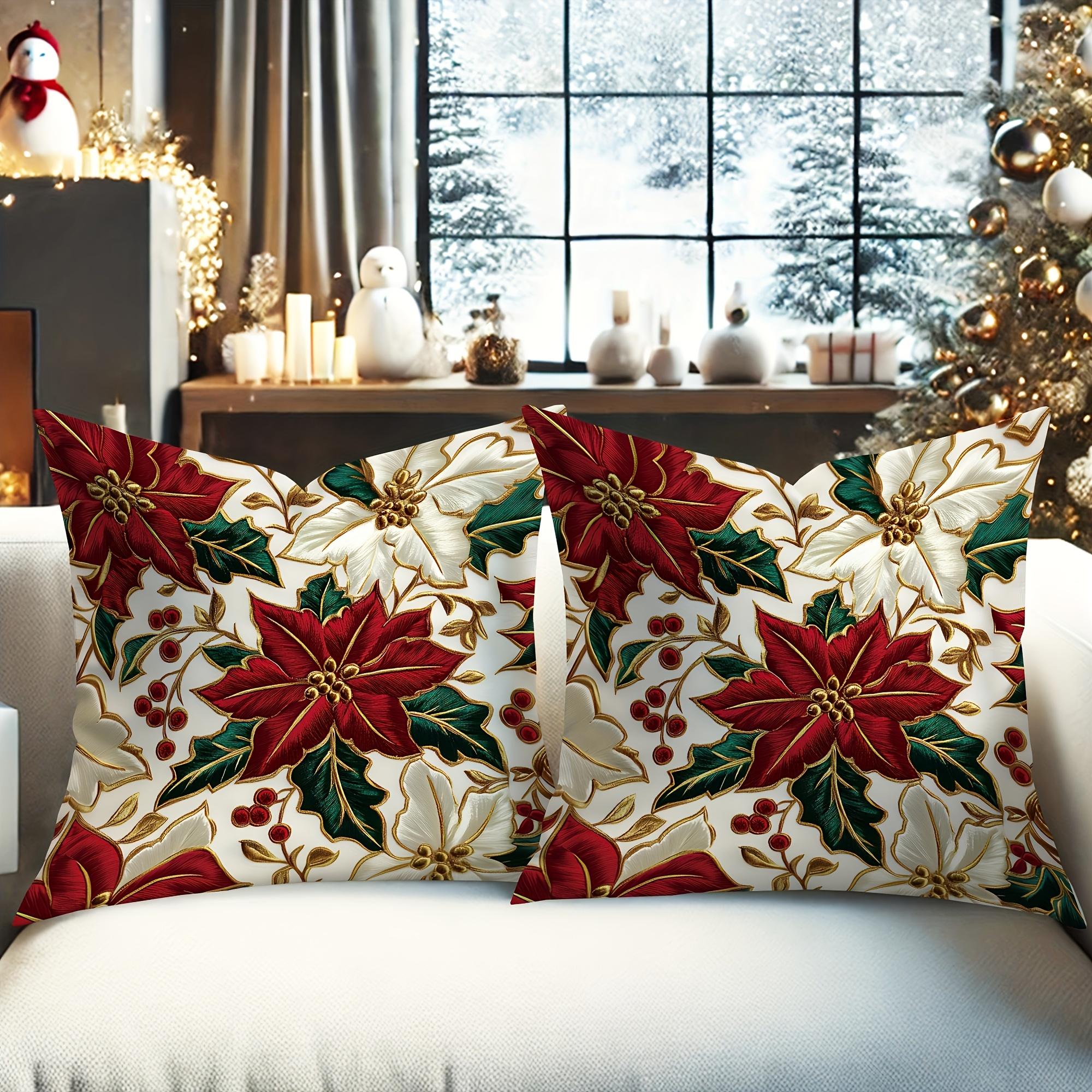 TEMU Single-sided 2pcs(no Pillow Insert) Holiday Christmas Floral Throw Pillow Red And Green With Golden Decoration Soft Comfortable Machine Washable