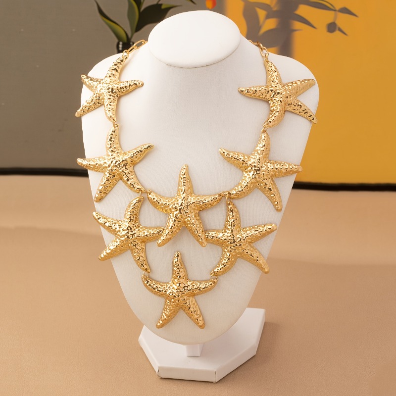TEMU 1pc Marine Vacation Metallic Style Multi-piece Starfish Chain Fashion Exquisite Versatile Fashion Necklace Suitable For Women' Vacation Gifting