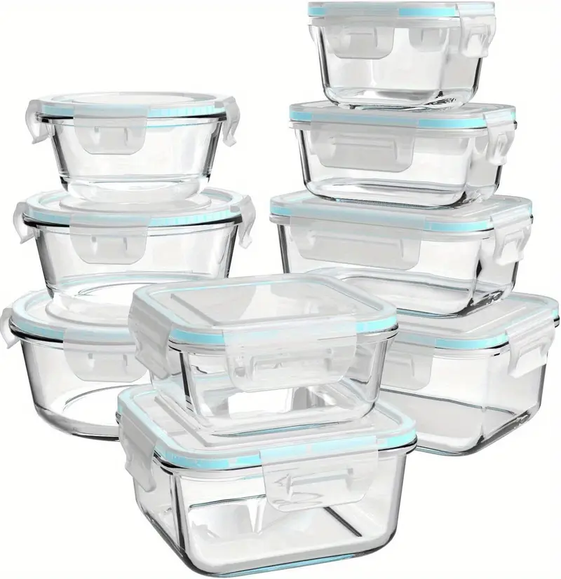 18 glass food storage containers with lids used as meal preparation containers for food storage bpa free and leak proof 9 lids and 9 containers Product details 0