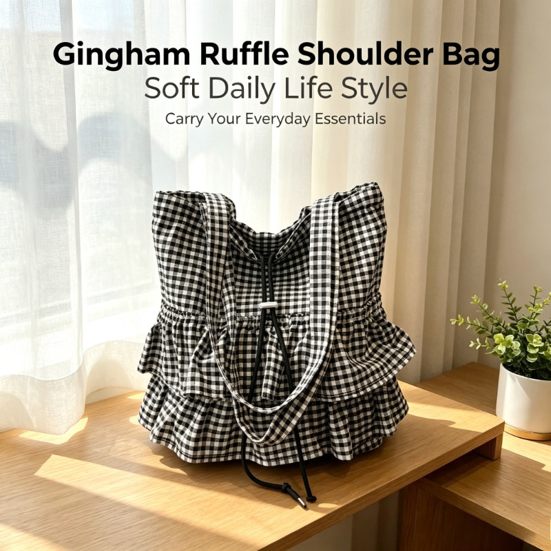 TEMU Large Capacity Gingham Tote Bag For Women, Closure Shoulder Handbag, Lightweight Casual Grid Bag For Everyday Use Shopping Travel Vacation