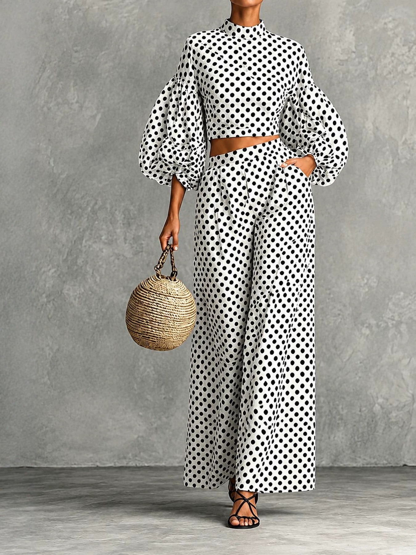 scacto 2026 womens 2pcs set autumn clothing polka dot lantern sleeve top wide leg pants 2pcs set womens blouses and tops straight leg pants pants