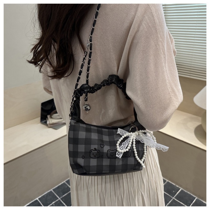 Plaid Ruched Handle Hobo Bag With Pearl Bow And Chain Shoulder Bag_voghion.com