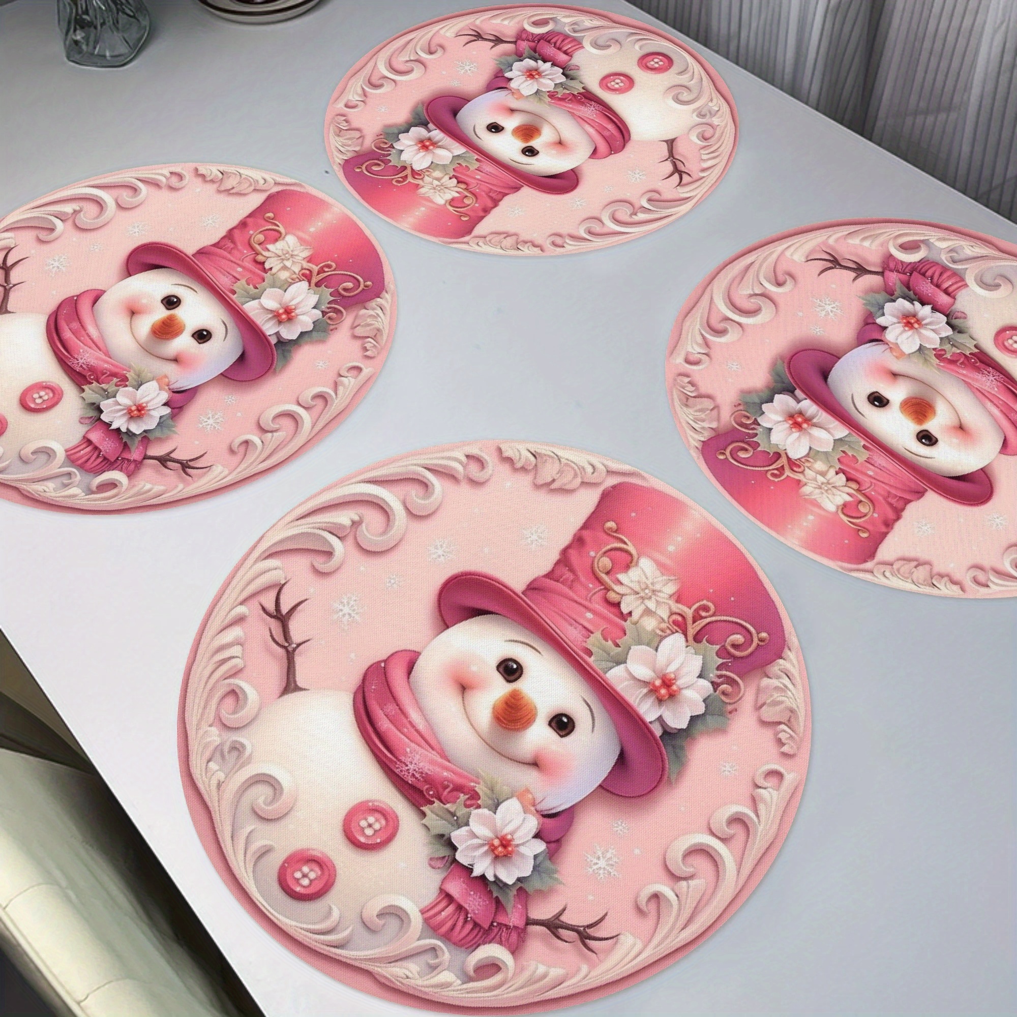 

4-pack Merry Christmas Round Placemats, 15" Pink Poinsettia Snowman Winter Table Mats, Polyester, Hand Wash Only, , Woven, For Party Kitchen Dining Decor, Tablecloth Accessories