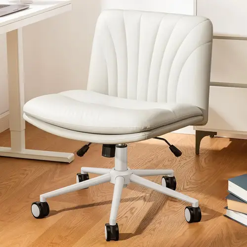 1pc armless office desk chair with wheels pu leather adjustable swivel computer task chair quiet cross leg casters comfortable wide seat for home office makeup small spaces no power supply needed