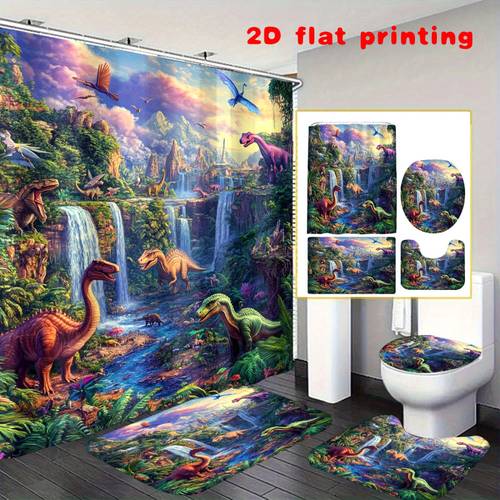 1 or 4 piece 2d curtain set including shower curtain floor mat u shaped blanket and toilet seat cover and dinosaur theme shower curtain 12 hooks suitable for rooms homes hotels machine washable