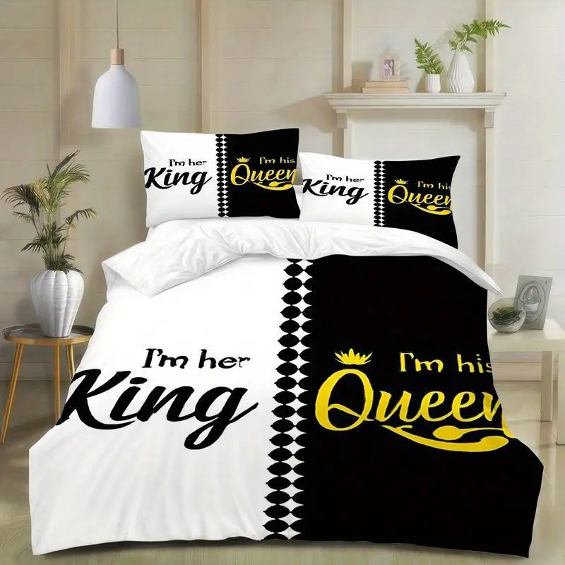 3pcs couples king queen bedding black duvet cover with pillowcases his and her side luxury pattern gift bedroom decor soft microfiber fabric 1 2 pillowcases Product details 4