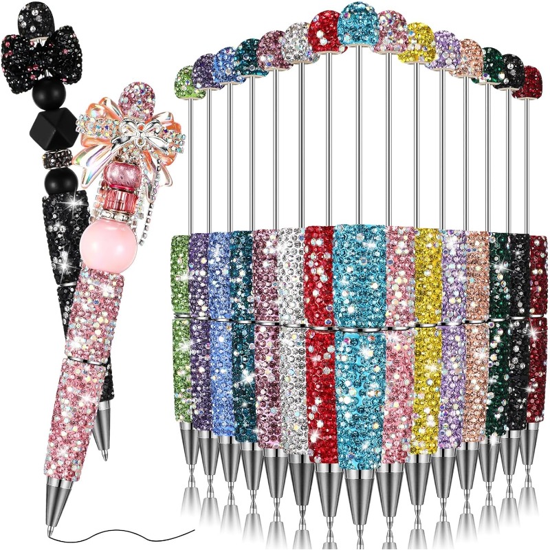 Image of 9pcs Random Color Glitter Beadable Pens Full Rhinestone Fancy Pens For Beads Diamond Beaded Pen Kit Cute Journalling Ballpoint Fun Bling Ballpoint For Craft Making (full Diamond)