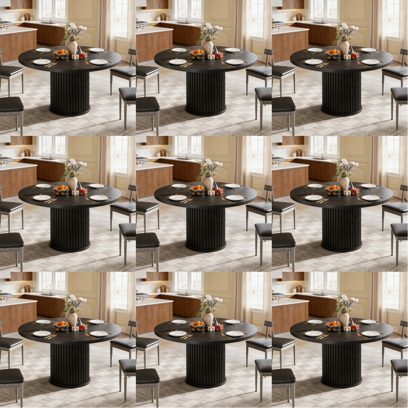 Fluted Round Base 47-inch Black Round Dining Table - 4-6 Seater Farmhouse Wood Kitchen Table For Home & Dining Spaces