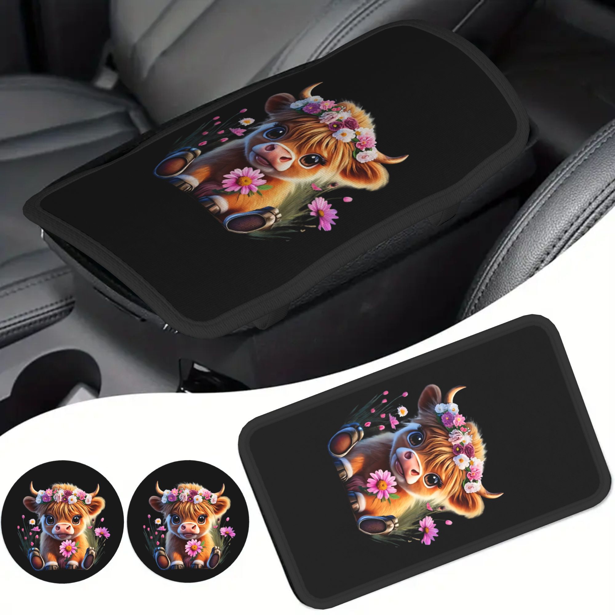 TEMU 2d Plane 3pcs Highland Cow With Flower Wreath Car Armrest Cover & Cup Coasters (1 Car Armrest Cover + 2 Cup Coasters), Durable