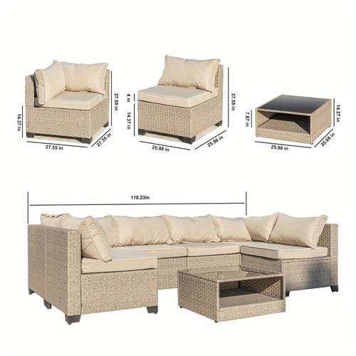 all weather outdoor patio furniture set 7pcs conversation sectional sofa with water resistant beige thick cushions and table for
