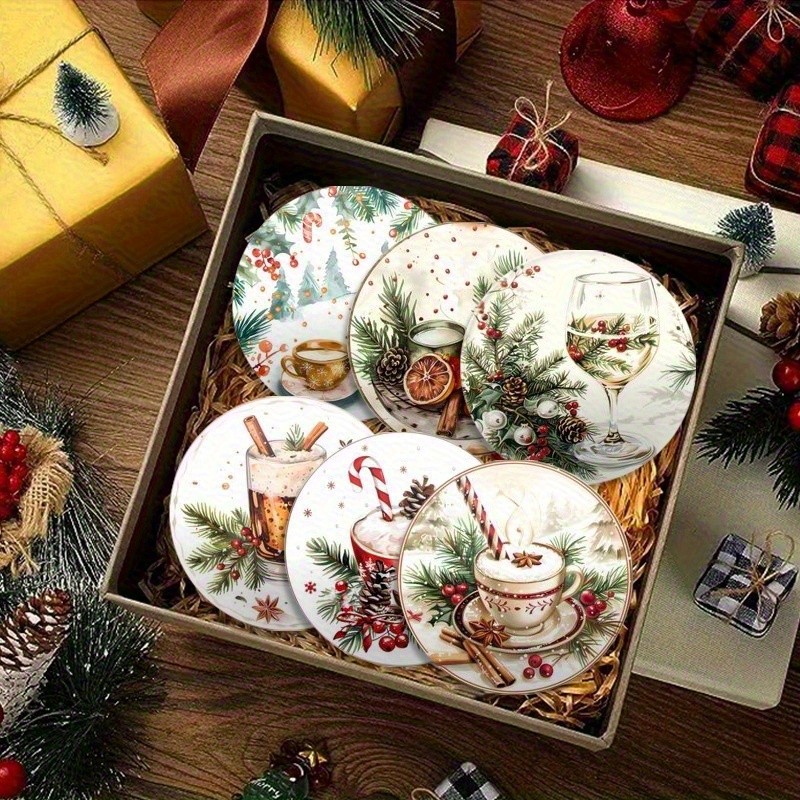 TEMU Holiday 6pcs Wooden Coaster Set: Christmas Drink Art Coasters, Perfect For Patio Tables, Kitchen & Living Room - Ideal Gift For