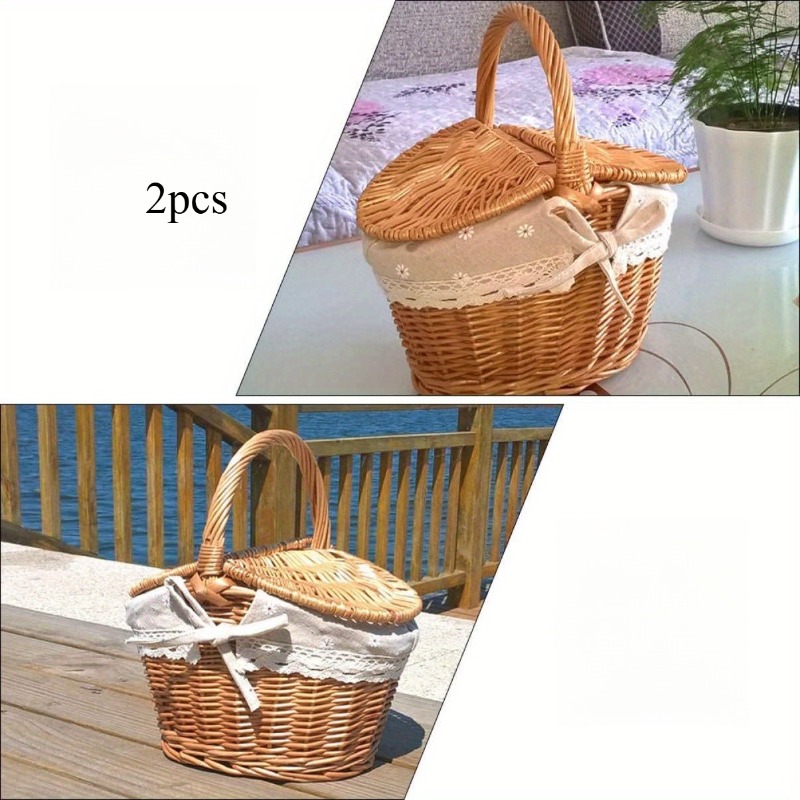 set of 2 woven picnic baskets with lids oval woven gift baskets   style handmade storage baskets picnic baskets with lids and handles for storage camping and weddings with white daisy lining non food direct contact