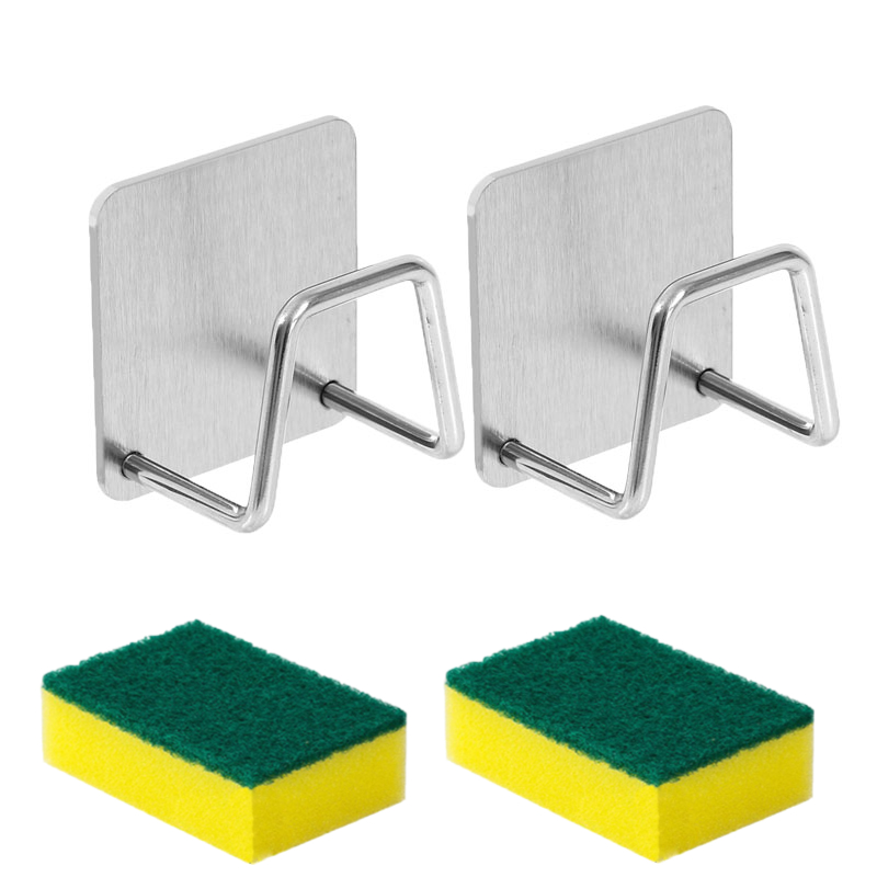 TEMU (2 Portaspugne in Acciaio Inossidabile per da Cucina + 2 Spugne per Pulizia), Nessuna Foratura Richiesta, Design a Parete con Doppi Ganci, per