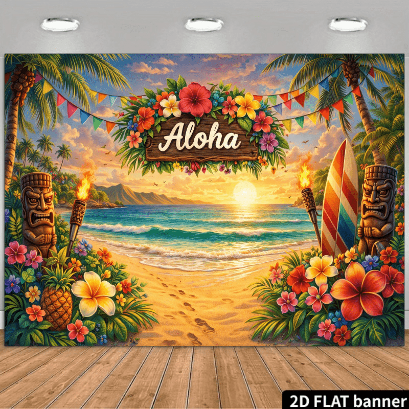 TEMU Bannière de fond 2D pour fête sur le thème Aloha hawaïen, thème sur une plage , avec palmiers, fleurs colorées, statues Tiki, planches de surf,