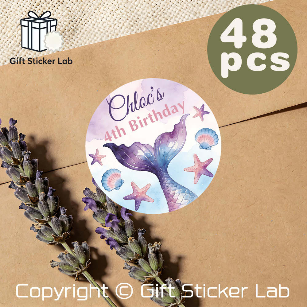 TEMU Custom 48/96pcs Birthday Round Stickers, Personalized Name & Age Etc., Watercolor Mermaid Tail Starfish Shell Design, Ideal For Birthday Party,