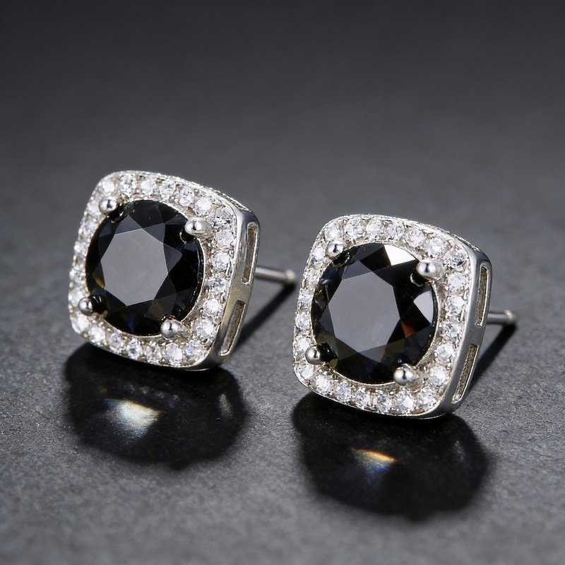 Women's Round Cut Black Moissanite Copper Stud Earrings, Proposal