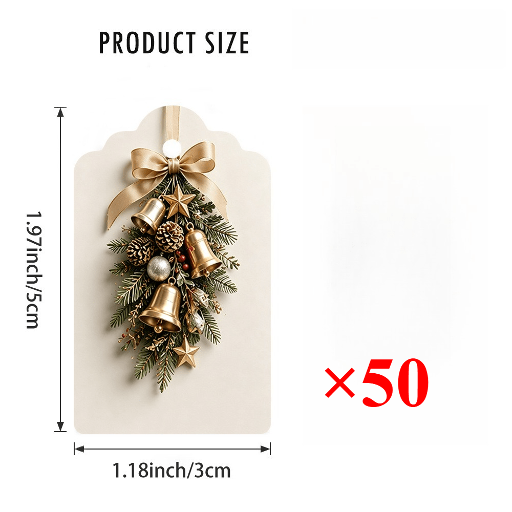 TEMU 50 Christmas-themed Gift Tags, 2d Printed, Featuring Evergreen Branches With Decorative Metal Bells, Pine Cones, Spherical Ornaments, And An