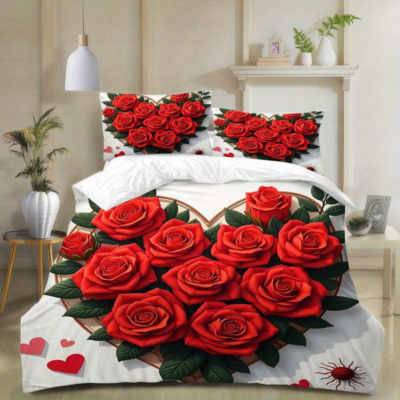 3pcs red   pattern bedding   design,   theme duvet   with pillowcases, soft microfiber fabric for master bedroom home decor, valentine s day wedding gift 1 duvet  +2 pillowcases, home decoration, bedroom decor,  , romantic decor, durable material, comfortable fabric, decorative bedding, pillowcase set,  , couples gift Product details 3