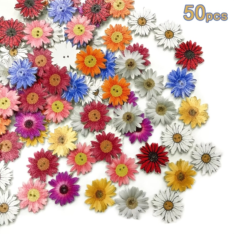 Image of 50 Wooden Daisy Buttons- Flower Shape Sewing Additions, Suitable For Journaling, Handcrafting, And Clothing Decoration, With 2 Holes