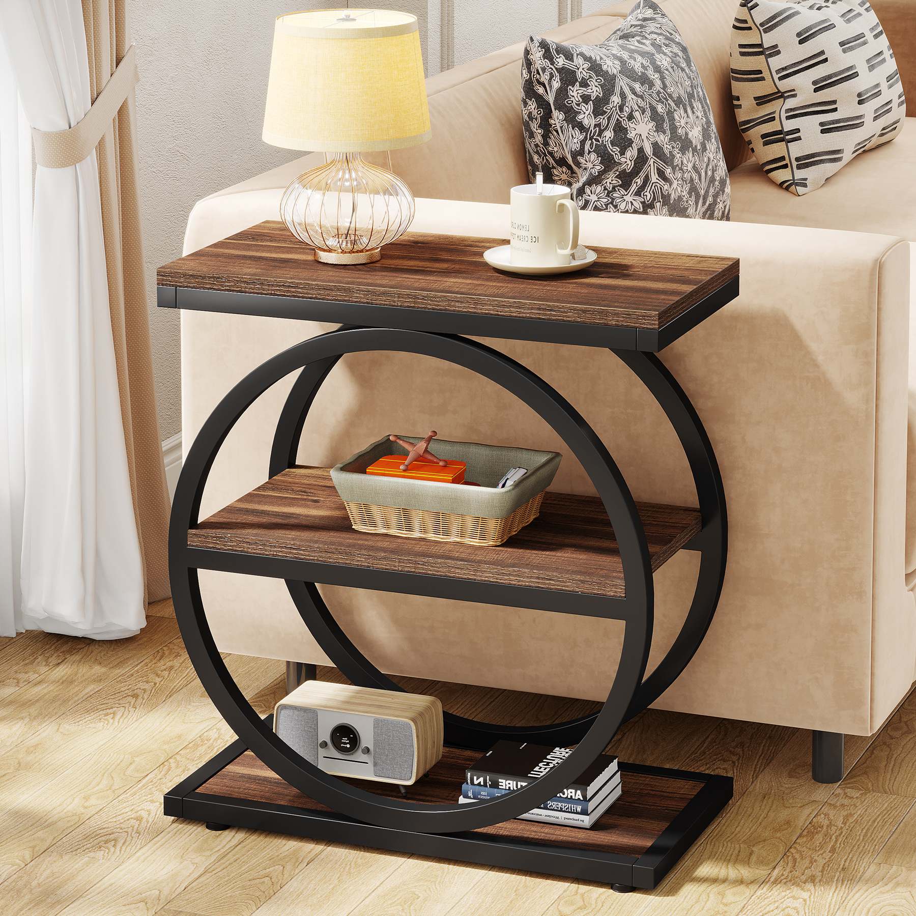 modern 3 tier   sofa side table with black metal frame wood shelves space saving narrow end table for living room bedroom entryway easy assembly contemporary design