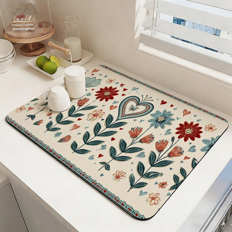 TEMU 1pc Tableware Drying Mat, Super Absorbent Non-slip Kitchen Mat - Coffee Pad For Countertop, Floral Heart Retro Pattern In Red And Blue, Suitable