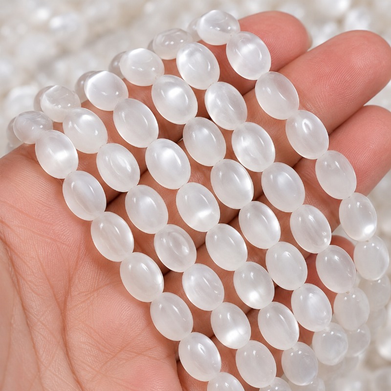 TEMU 45pcs White Cat Eye Oval Glass Beads, Jewelry Materials, Jewelry Bead Strands, Handmade, Decorative Supplies, Suitable For Keychains, Bracelets,