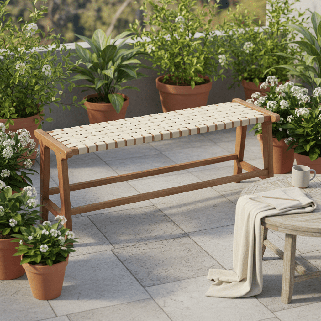 47-Inch Teak Outdoor Bench, Backless Wooden Dining Seat with Woven Fabric, Sturdy Wood Legs, Suitable for Indoor/Outdoor Use in Porch, Backyard, Deck, Or Entryway