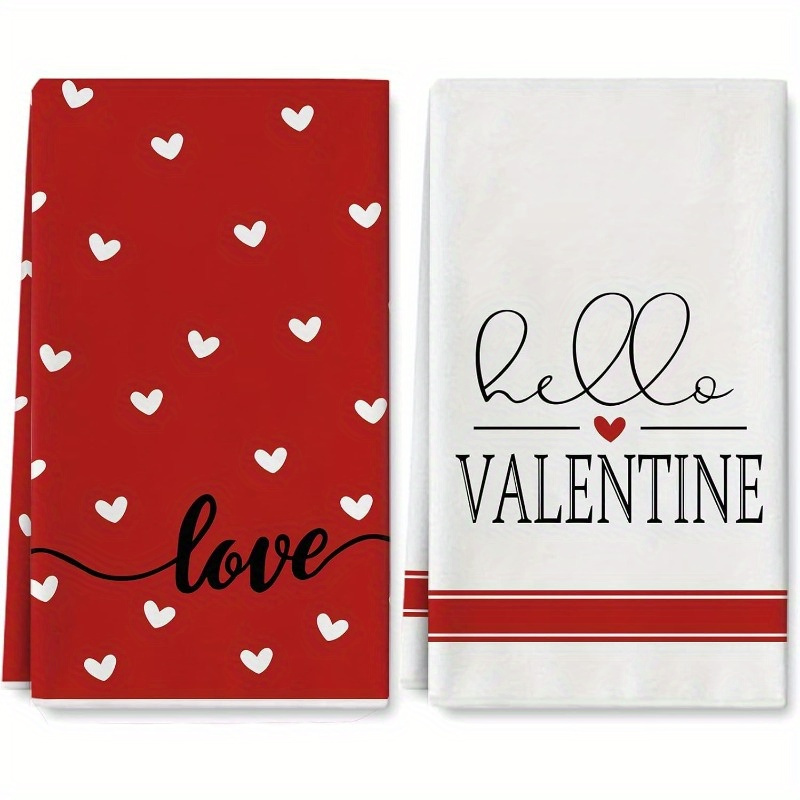 

2pcs Set Of 18*26 Inch Kitchen Towels Valentine's Day Red White Hearts Dish Towel Hello Valentine For Home, Kitchen, Restaurant, Holiday Party, Dinner Reception Sports Towels