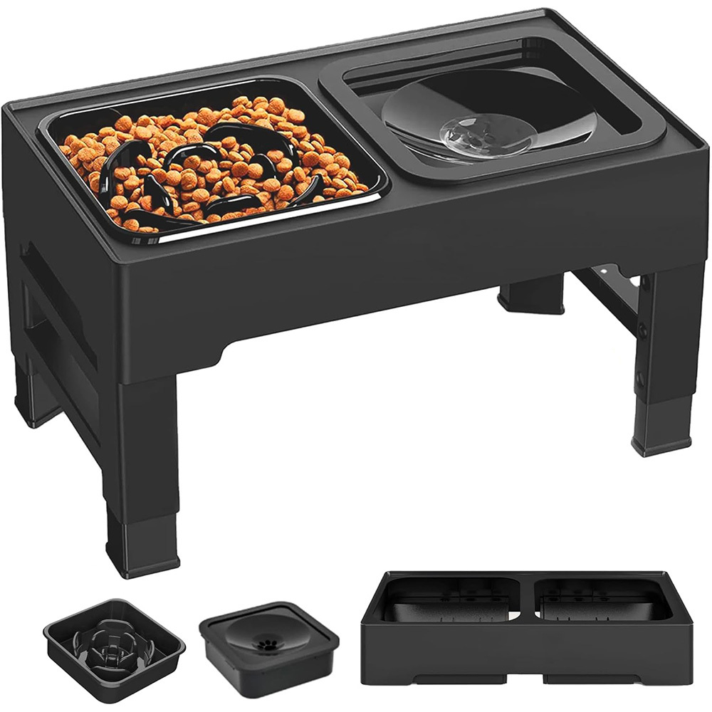 1 Set Adjustable Height Pet Feeding Bowl Abs Pp Stainless Steel Slow Feeder With Foldable Stand 8.5 X 29 For Home Use