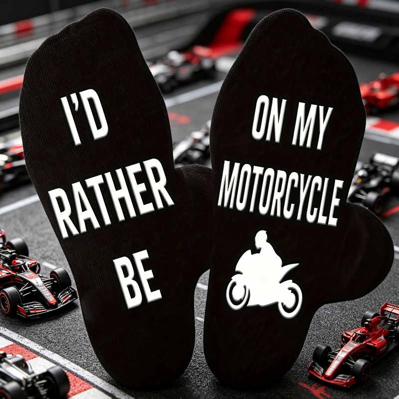 TEMU 1 Pair Fun Men's Mid-calf Socks With Sole Print, Print Motorcycle Theme With Humorous Text And Rider Patterns, Suitable For Daily Wear,